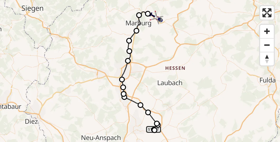 Flugroute Polizeihubschrauber Flugplatz Reichelsheim - Kirchhain, 28 August 2026, 09:22