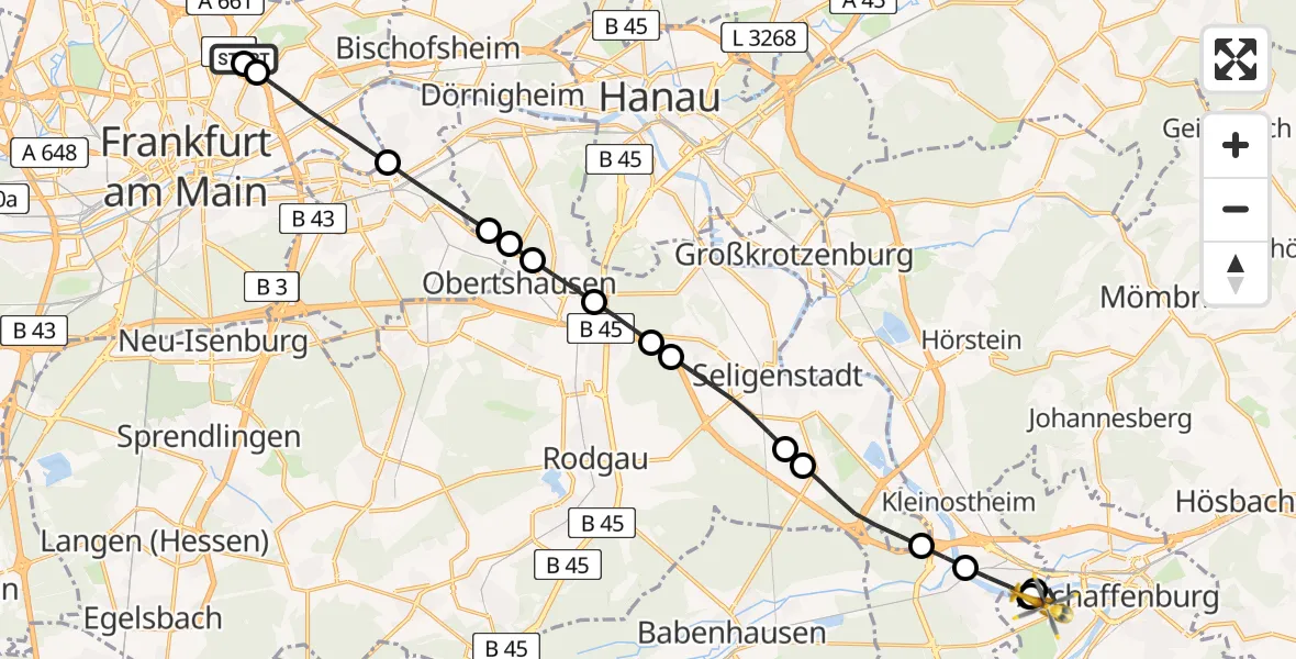 Flugroute Rettungshubschrauber Frankfurt am Main Accident Hospital Roof Helipad (CHX2) - Aschaffenburg, 28 August 2026, 09:22