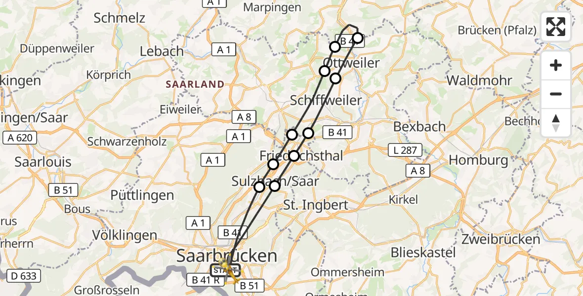 Flugroute Rettungshubschrauber Saarbrücken - Saarbrücken, 28 August 2026, 09:25