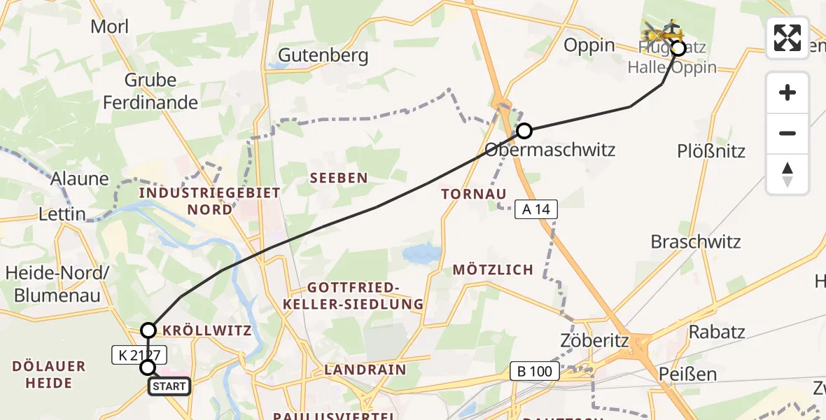 Flugroute Rettungshubschrauber Halle (Saale) University Hospital - Halle-Oppin Flugplatz, 28 August 2026, 09:25