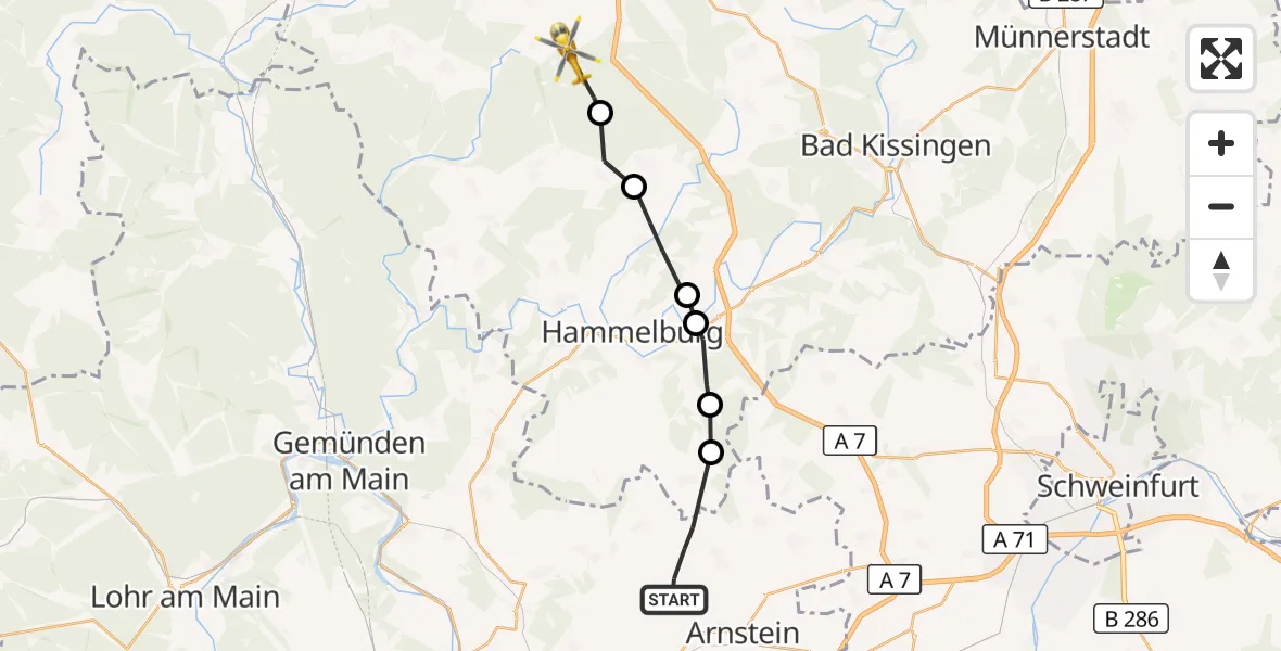 Flugroute Rettungshubschrauber Arnstein - Schondra, 28 August 2026, 09:26