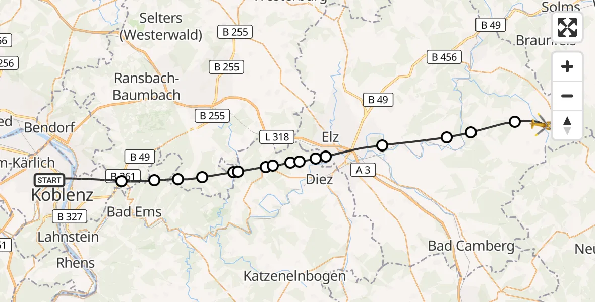 Flugroute Rettungshubschrauber Koblenz - Weilmünster, 28 August 2026, 09:46