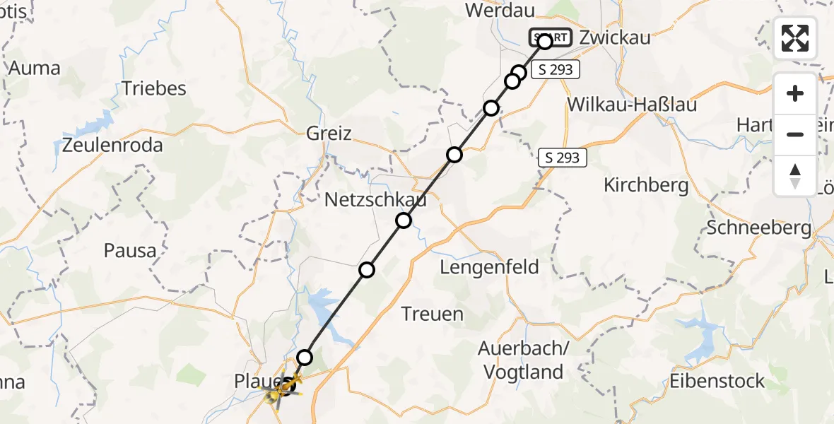 Flugroute Rettungshubschrauber ADAC Air Rescue Station Zwickau Hubschrauberlandeplatz - Helios Clinic Plauen, 28 August 2026, 09:49