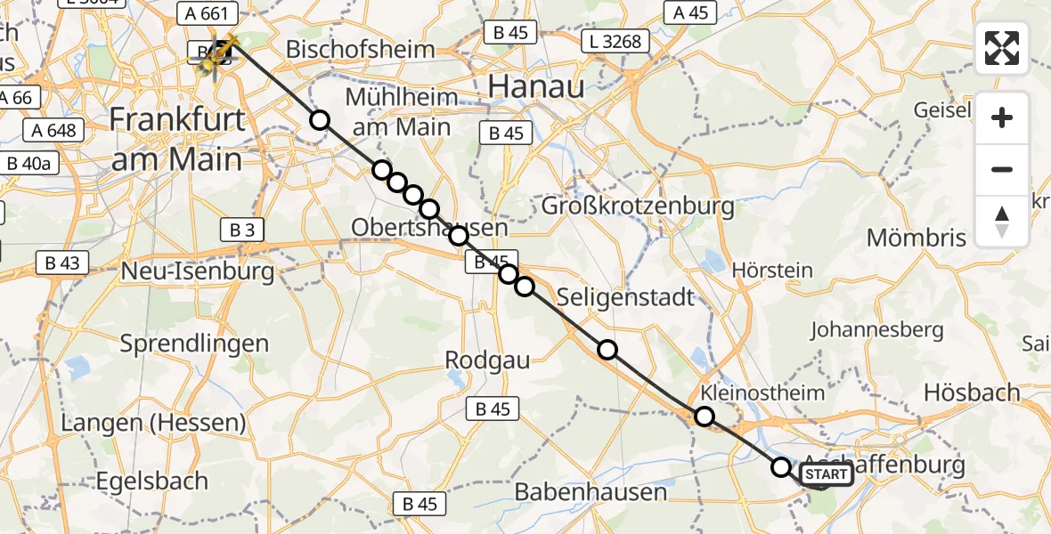 Flugroute Rettungshubschrauber Aschaffenburg - Frankfurt am Main Accident Hospital Roof, 28 August 2026, 09:50