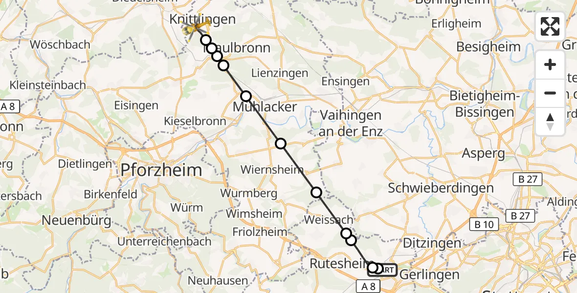 Flugroute Rettungshubschrauber Leonberg Hospital - Knittlingen, 28 August 2026, 10:11