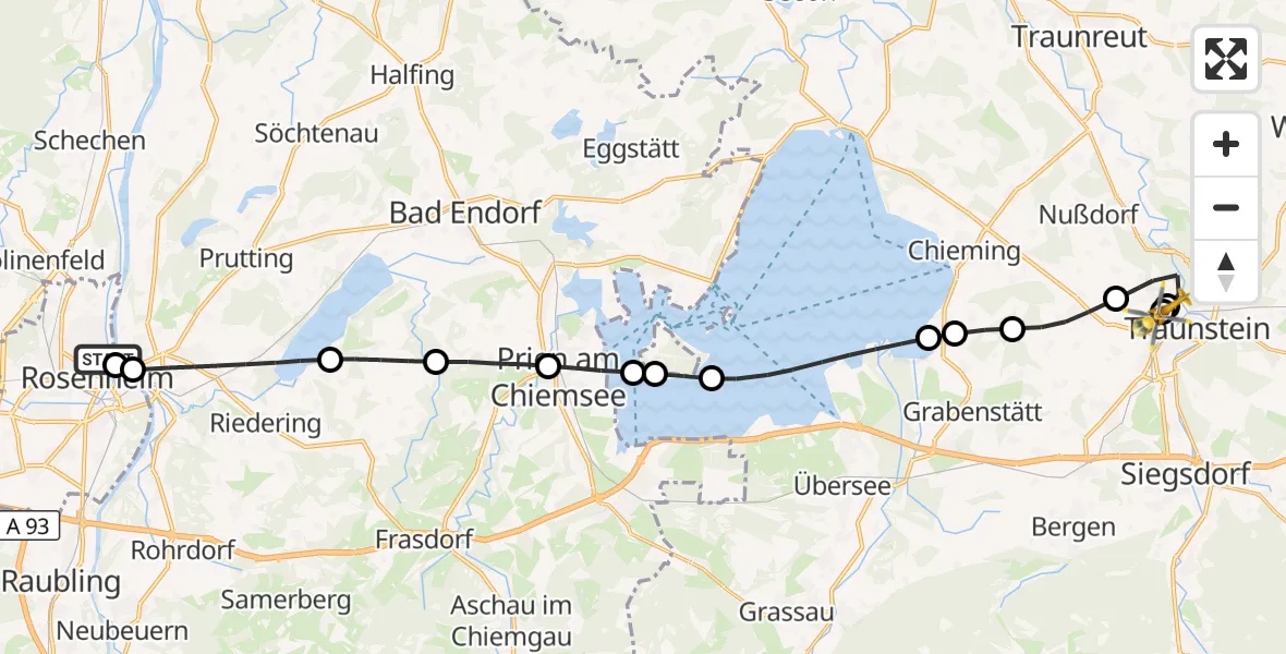 Flugroute Rettungshubschrauber RoMed Hospital Rosenheim - Traunstein Hospital, 28 August 2026, 10:12