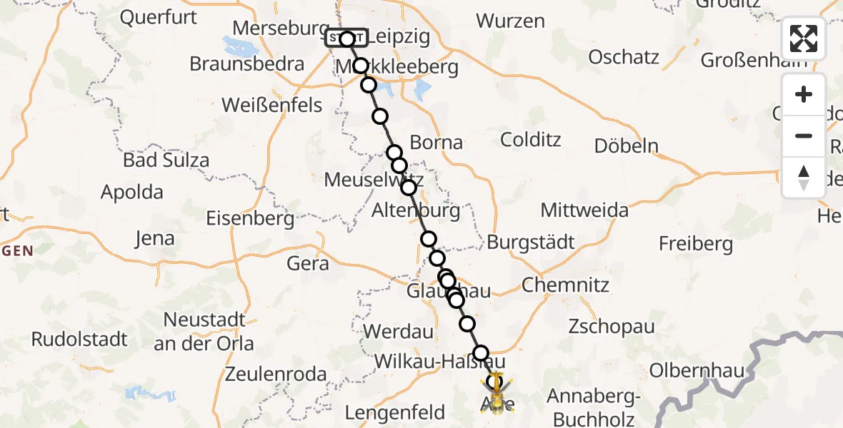 Flugroute Rettungshubschrauber Schkeuditz - Aue-Bad Schlema, 28 August 2026, 10:15