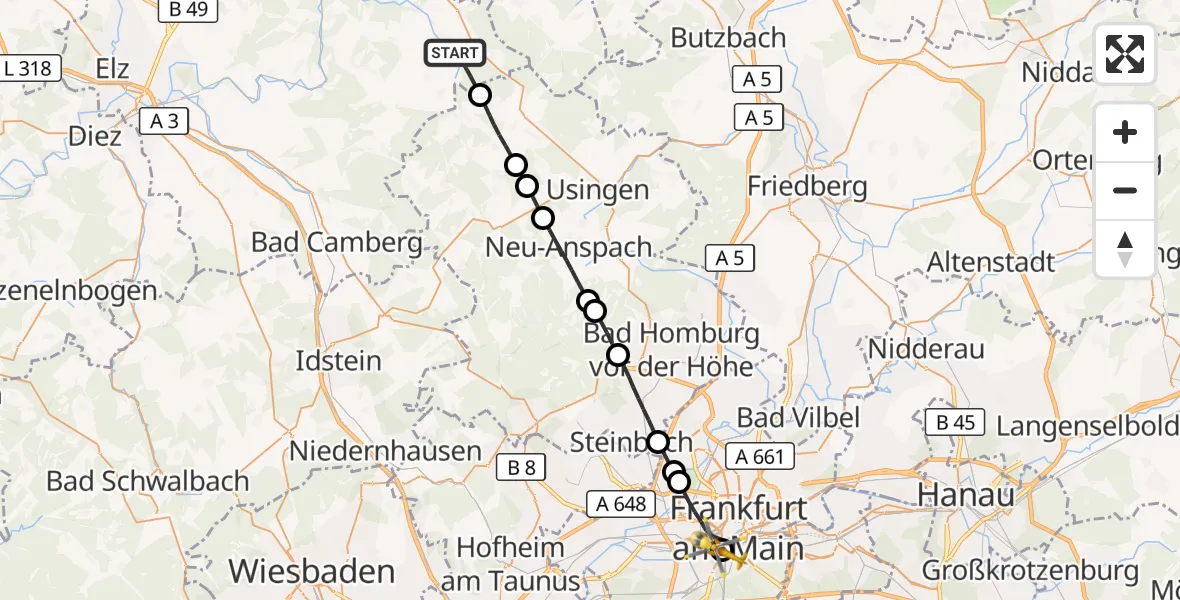 Flugroute Rettungshubschrauber Weilmünster - Frankfurt University Hospital, 28 August 2026, 10:28