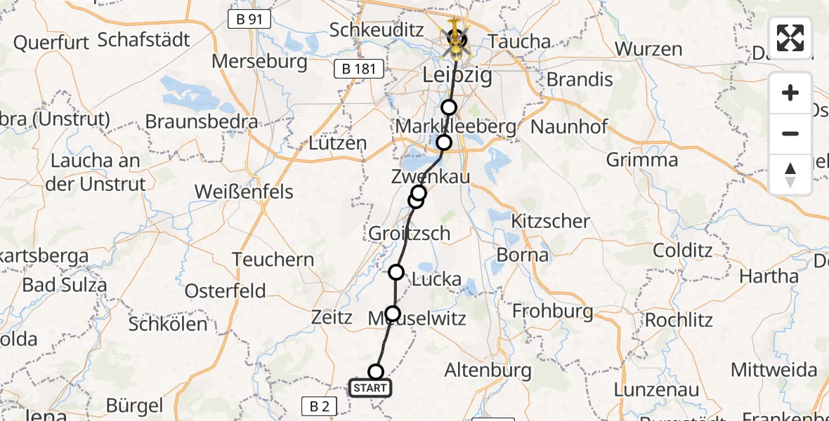 Flugroute Rettungshubschrauber Schnaudertal - Sankt Georg Hospital Leipzig Reserve, 28 August 2026, 10:33