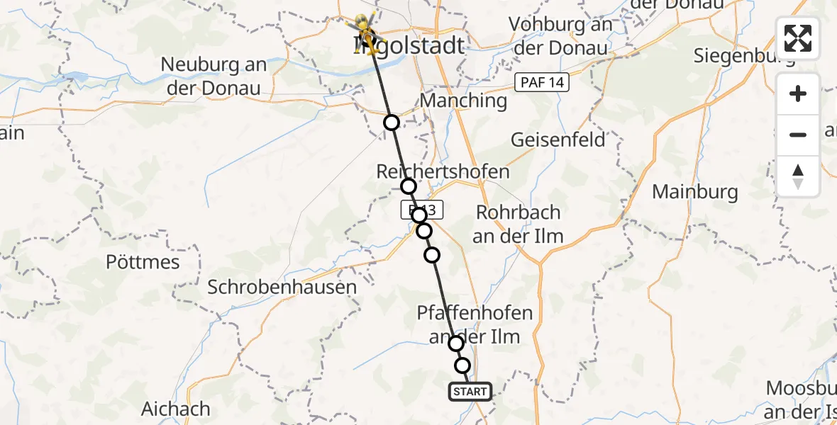 Flugroute Rettungshubschrauber Ilmmünster - Ingolstadt Hospital, 28 August 2026, 10:36