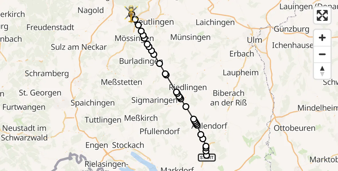 Flugroute Rettungshubschrauber Sankt Elisabeth Hospital - Tübingen University Hospital, 28 August 2026, 10:44