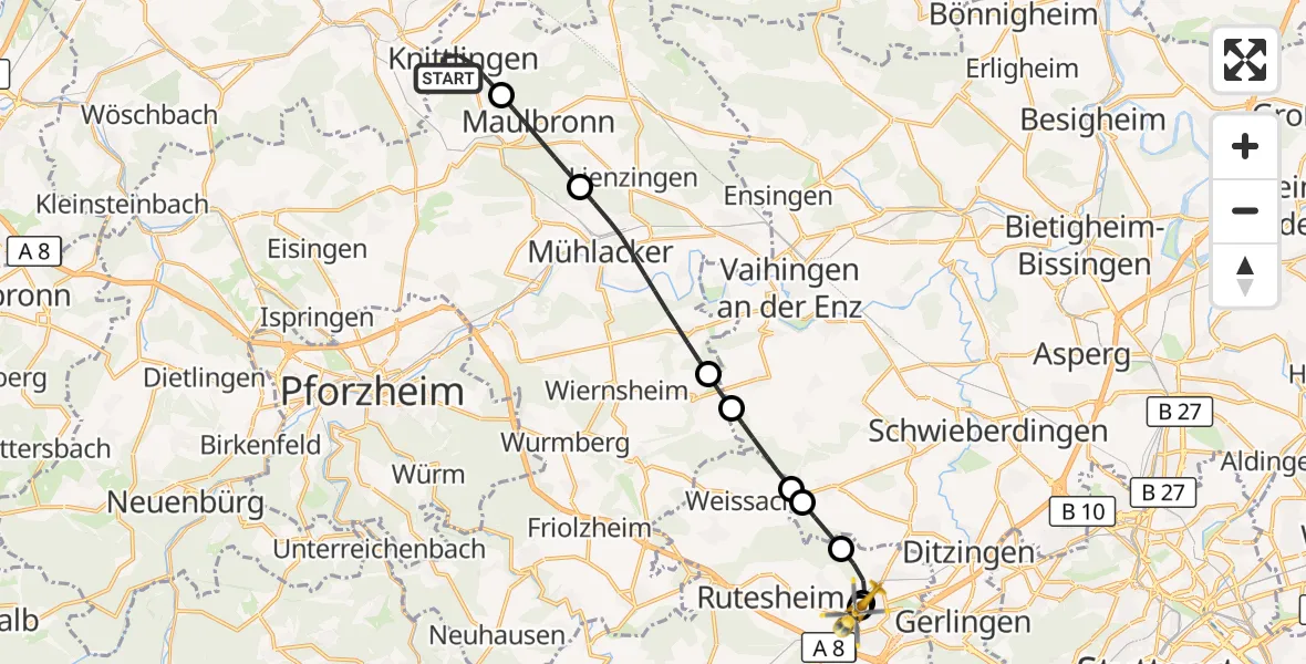Flugroute Rettungshubschrauber Knittlingen - Leonberg Hospital, 28 August 2026, 10:54