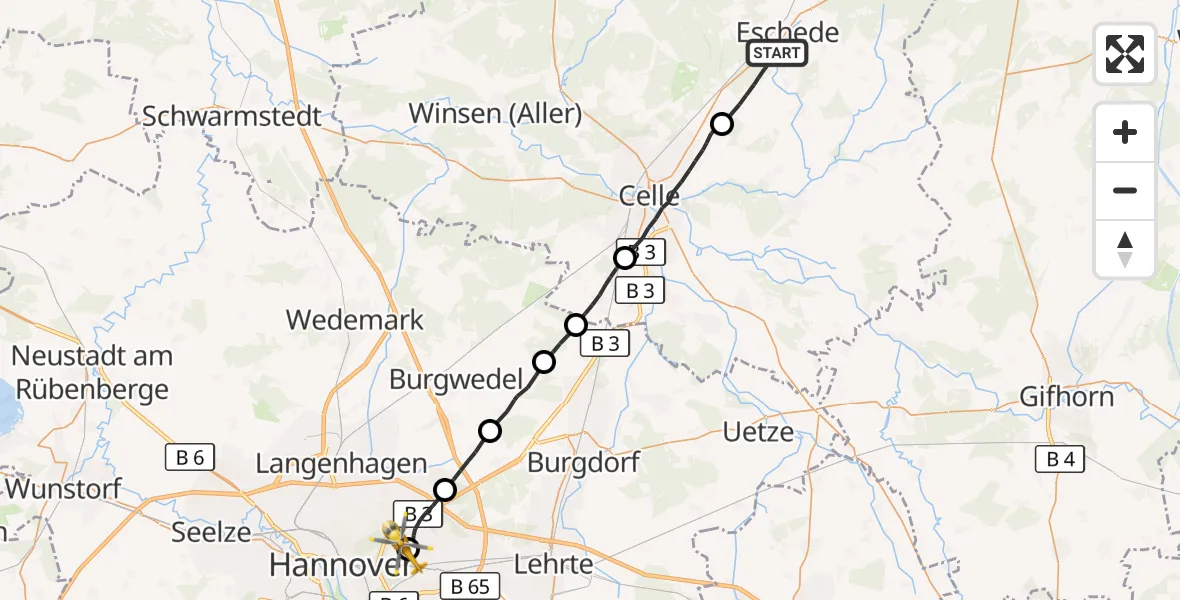 Flugroute Rettungshubschrauber Eschede - Hannover Luftrettung Hubschrauberlandeplatz (Christoph 4), 28 August 2026, 10:57