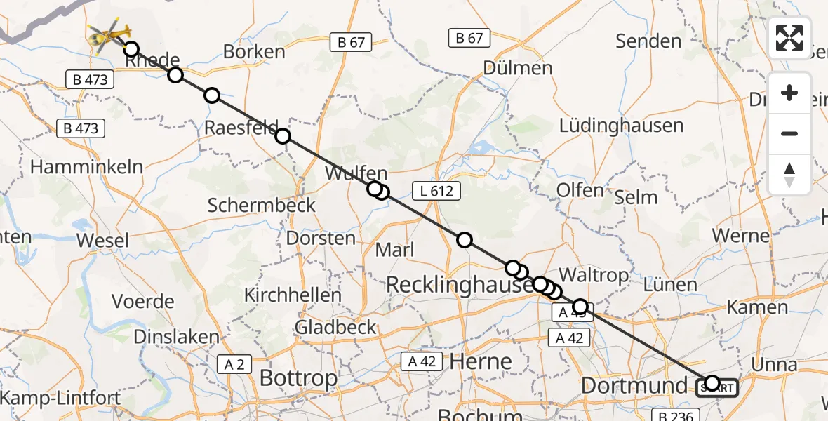Flugroute Rettungshubschrauber Dortmund Flughafen - Bocholt, 28 August 2026, 11:06
