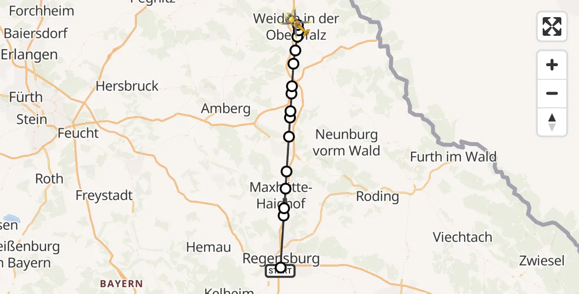Flugroute Rettungshubschrauber DRF Air Rescue Station Regensburg / Regensburg University Hospital - Weiden Hospital, 28 August 2026, 11:27