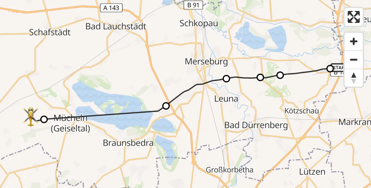 Flugroute Rettungshubschrauber ADAC Air Rescue Station Leipzig/Schkeuditz-Dölzig Hubschrauberlandeplatz (Christoph 61) - Mücheln (Geiseltal), 28 August 2026, 11:38