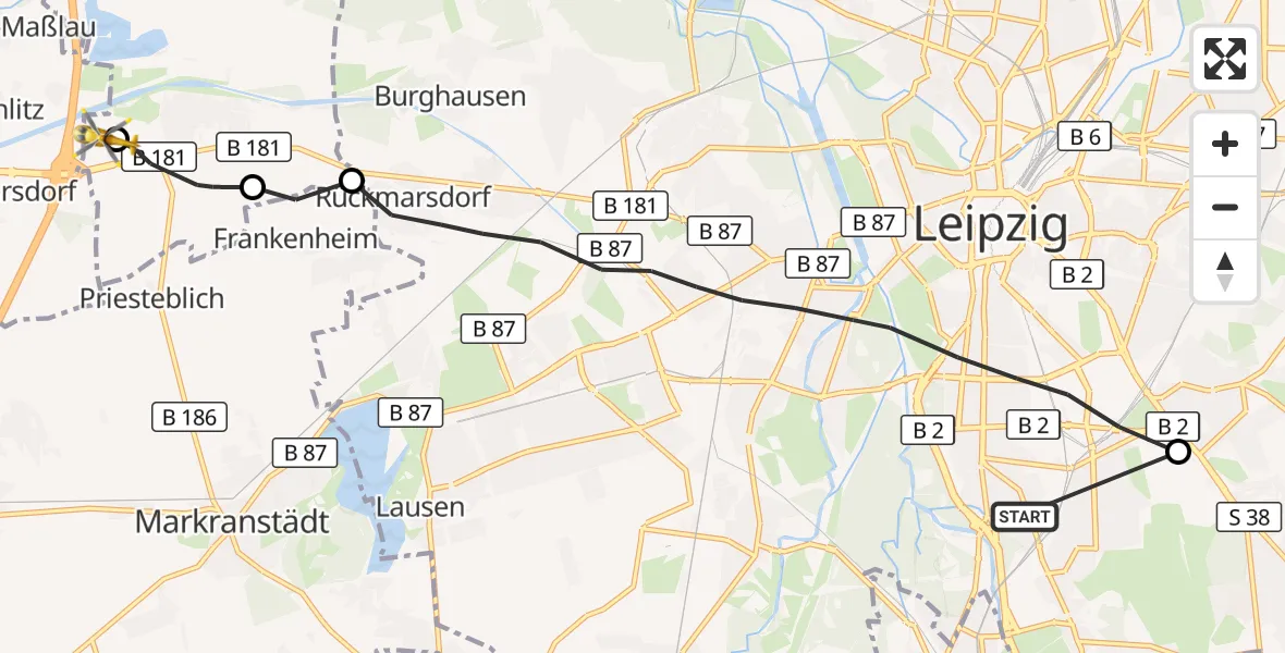 Flugroute Rettungshubschrauber Sankt Elisabeth Hospital Leipzig - ADAC Air Rescue Station Leipzig/Schkeuditz-Dölzig Hubschrauberlandeplatz (Christoph 61), 28 August 2026, 11:52