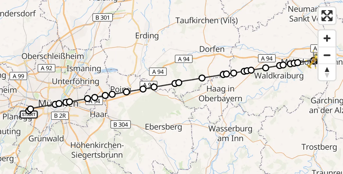 Flugroute Rettungshubschrauber DRF Air Rescue München Hubschrauberlandeplatz - Mühldorf am Inn Hospital, 28 August 2026, 11:55