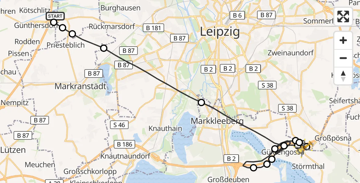 Flugroute Rettungshubschrauber ADAC Air Rescue Station Leipzig/Schkeuditz-Dölzig Hubschrauberlandeplatz (Christoph 61) - Großpösna, 28 August 2026, 11:59