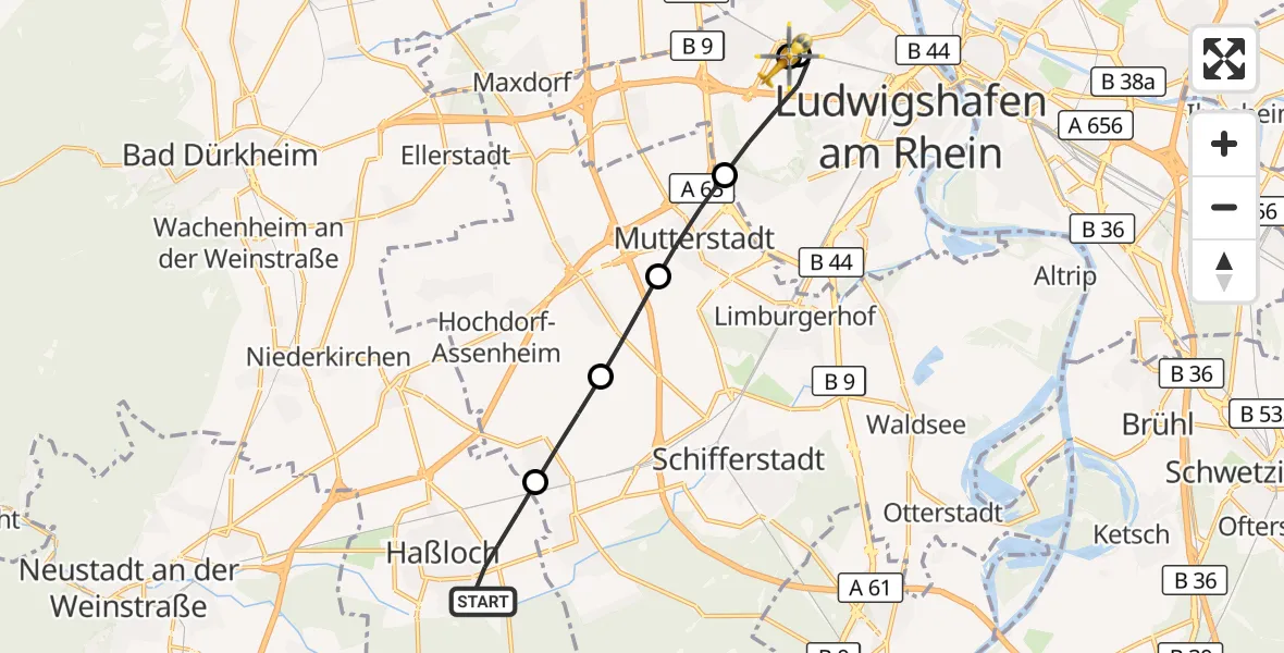 Flugroute Rettungshubschrauber Haßloch - Ludwigshafen Accident Hospital, 28 August 2026, 12:15