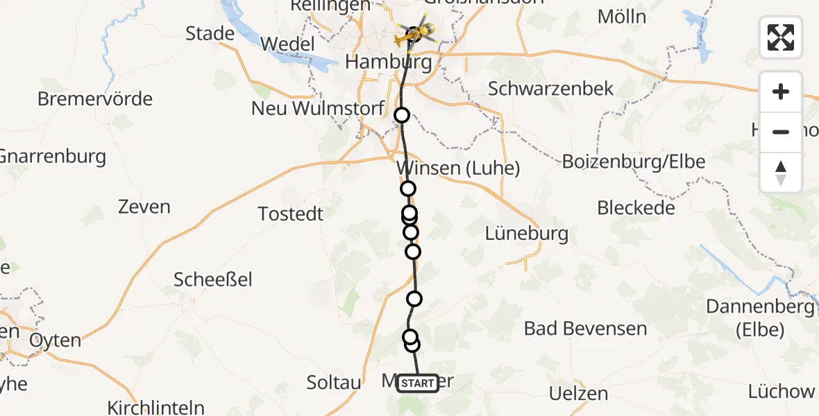 Flugroute Rettungshubschrauber Munster - Hamburg Military Hospital, 28 August 2026, 12:23