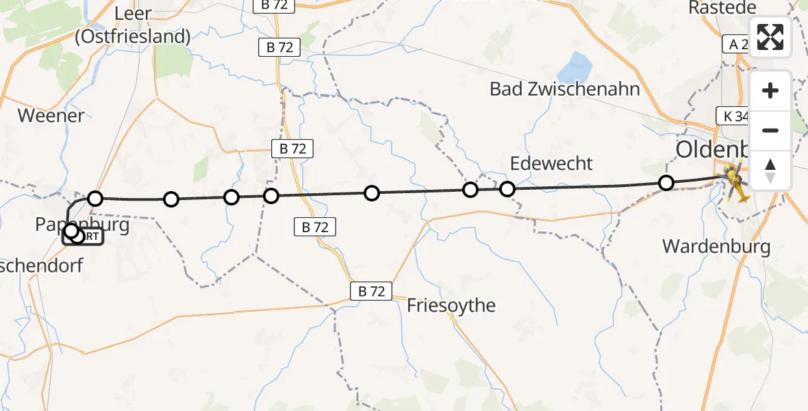 Flugroute Rettungshubschrauber Marien Hospital Papenberg Aschendorf - Oldenburg (Oldb), 28 August 2026, 12:36