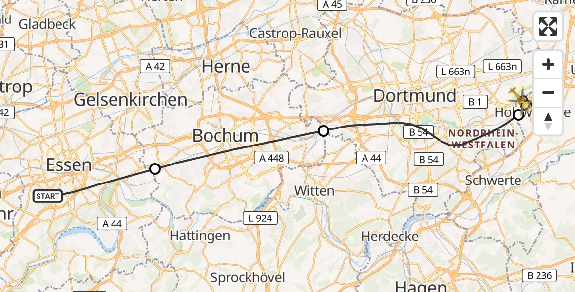 Flugroute Rettungshubschrauber Essen - Dortmund Flughafen, 28 August 2026, 12:36
