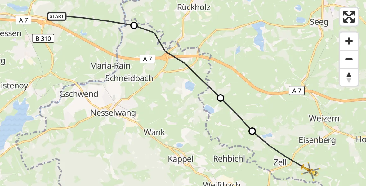 Flugroute Rettungshubschrauber Oy-Mittelberg - Eisenberg, 28 August 2026, 12:39
