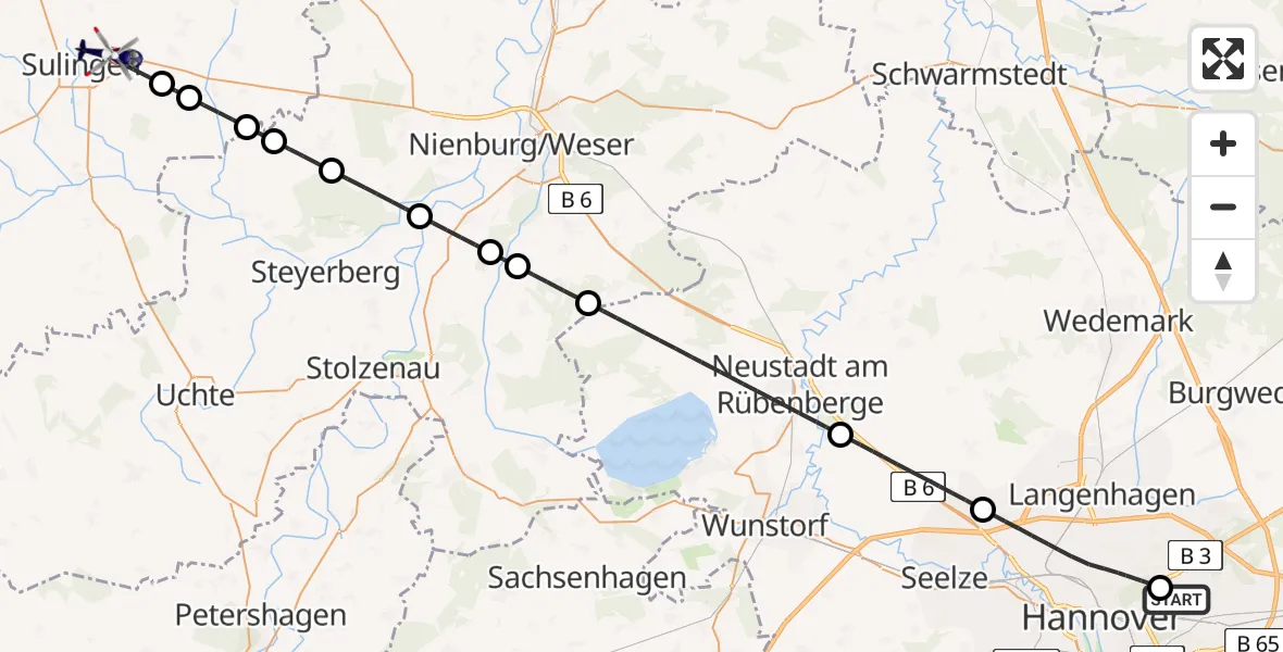 Flugroute Polizeihubschrauber Hannover Luftrettung Hubschrauberlandeplatz (Christoph 4) - Sulingen, 28 August 2026, 12:40