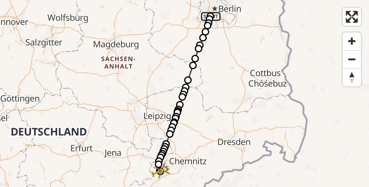 Flugroute Rettungshubschrauber Charité Clinic Benjamin Franklin Campus - ADAC Air Rescue Station Zwickau Hubschrauberlandeplatz, 28 August 2026, 12:49