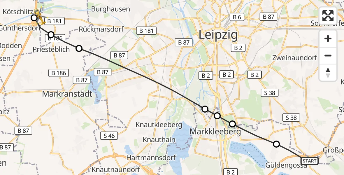 Flugroute Rettungshubschrauber Großpösna - ADAC Air Rescue Station Leipzig/Schkeuditz-Dölzig Hubschrauberlandeplatz (Christoph 61), 28 August 2026, 13:05
