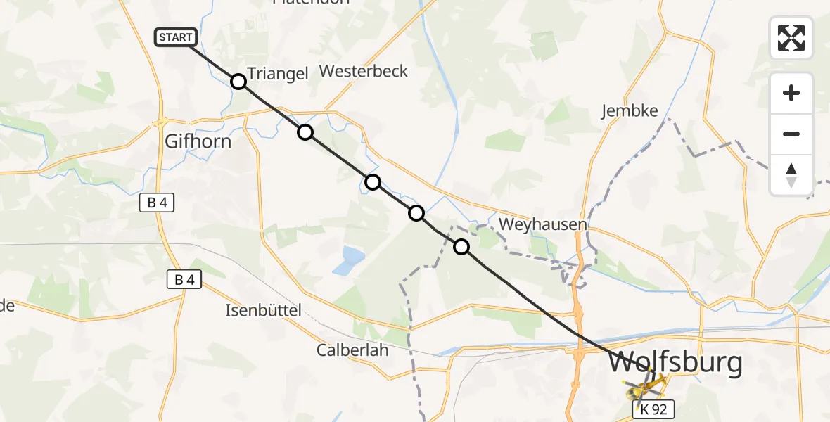 Flugroute Rettungshubschrauber Gifhorn - Wolfsburg, 28 August 2026, 13:11