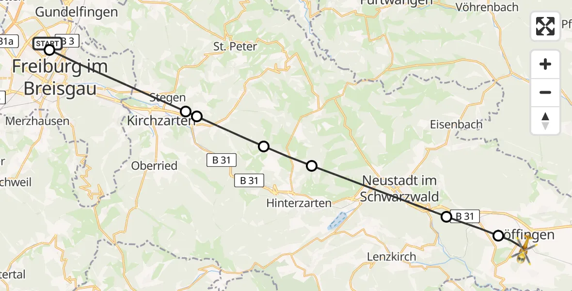 Flugroute Ambulanzhubschrauber Freiburg im Breisgau Flugplatz - Löffingen, 28 August 2026, 13:26