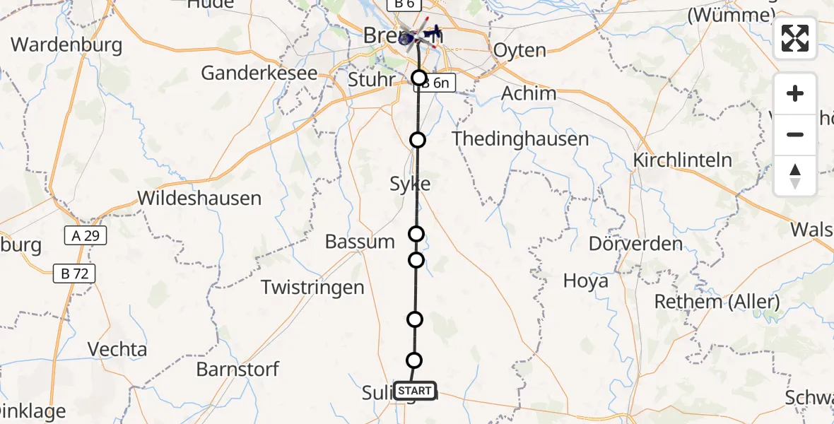 Flugroute Polizeihubschrauber Sulingen - Bremen, 28 August 2026, 13:34
