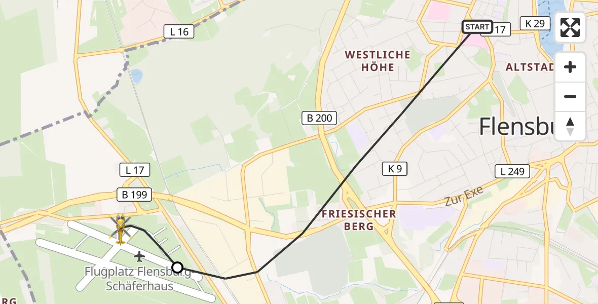 Flugroute Ambulanzhubschrauber Flensburg - Flensburg-Schäferhaus Flughafen, 28 August 2026, 13:40