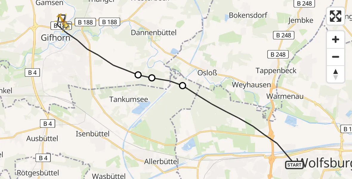 Flugroute Rettungshubschrauber Wolfsburg - Gifhorn, 28 August 2026, 13:44