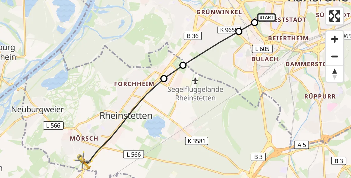 Flugroute Ambulanzhubschrauber Sankt Vincentius Hospital - Rheinstetten, 28 August 2026, 13:45