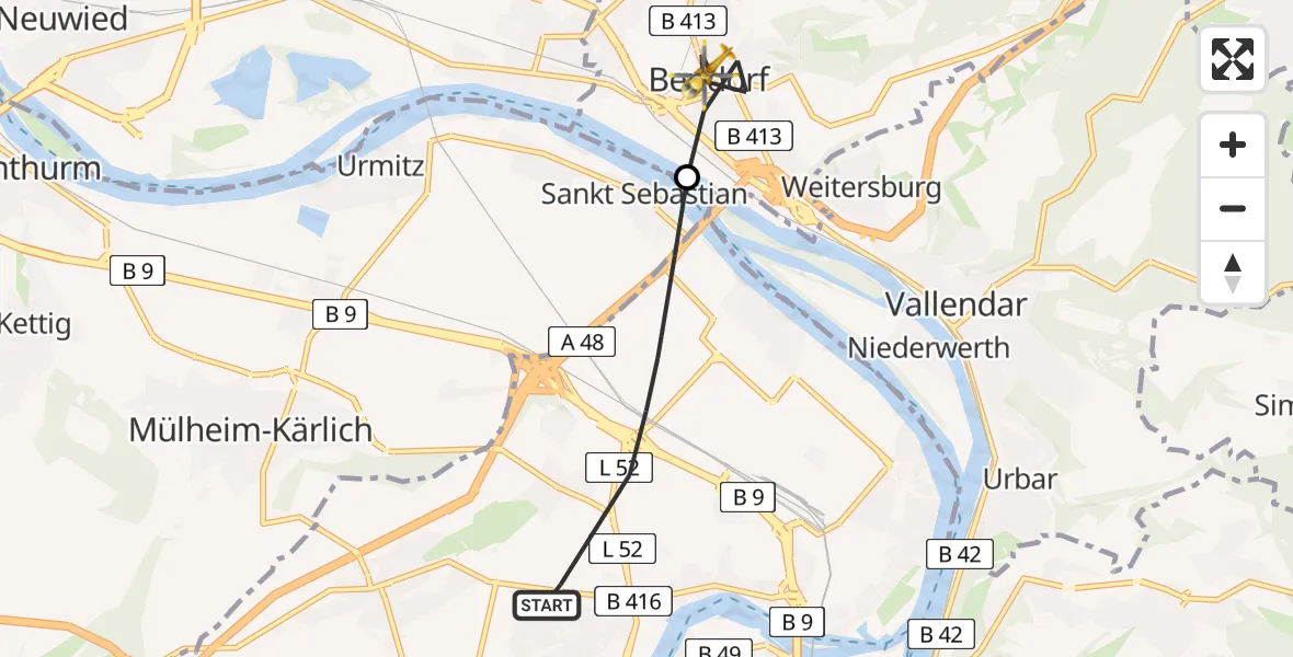 Flugroute Rettungshubschrauber Koblenz - Bendorf, 28 August 2026, 14:05