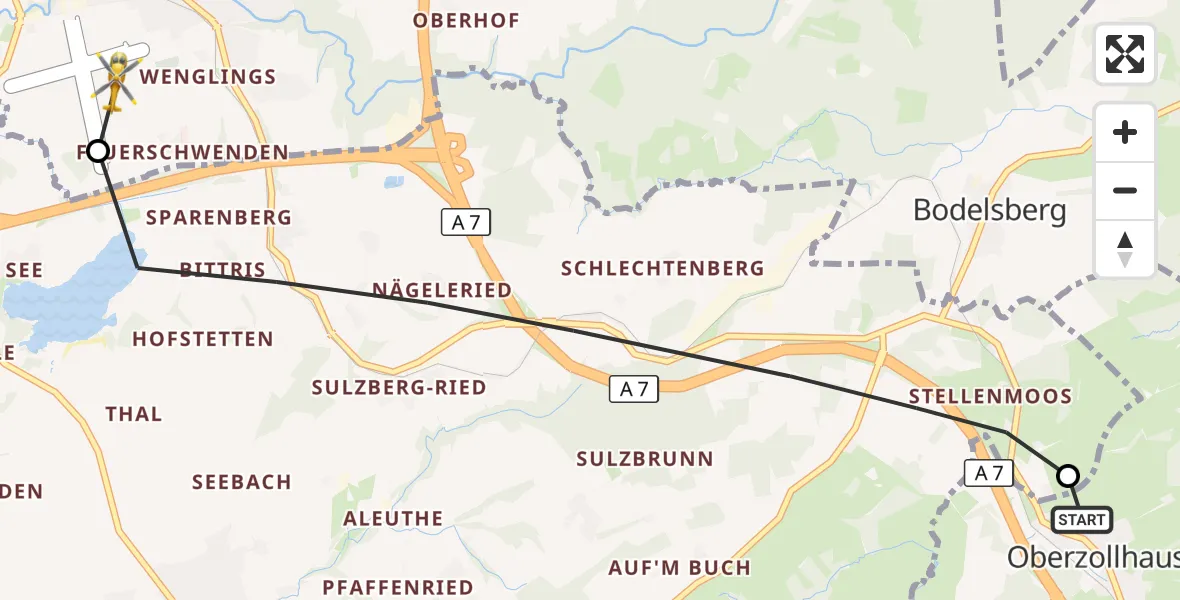 Flugroute Rettungshubschrauber Oy-Mittelberg - Kempten-Durach Flugplatz, 28 August 2026, 14:08