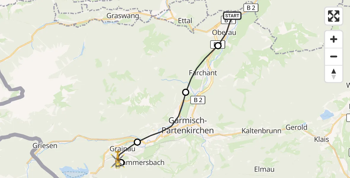 Flugroute Rettungshubschrauber Oberau - Grainau, 28 August 2026, 14:09