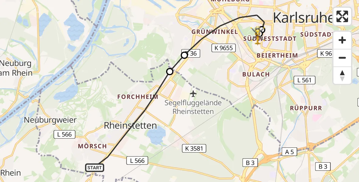 Flugroute Ambulanzhubschrauber Rheinstetten - Sankt Vincentius Hospital, 28 August 2026, 14:12