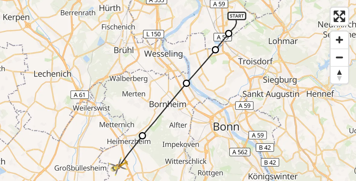 Flugroute Rettungshubschrauber Köln Bonn Flughafen - Swisttal, 28 August 2026, 14:13