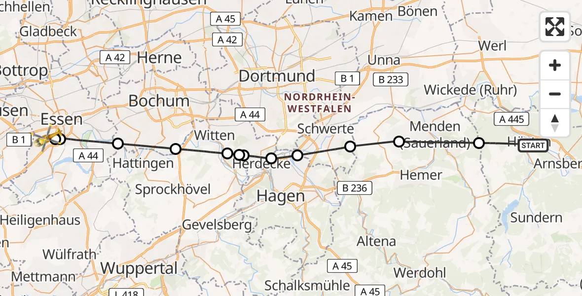 Flugroute Rettungshubschrauber Arnsberg - Essen, 28 August 2026, 14:14