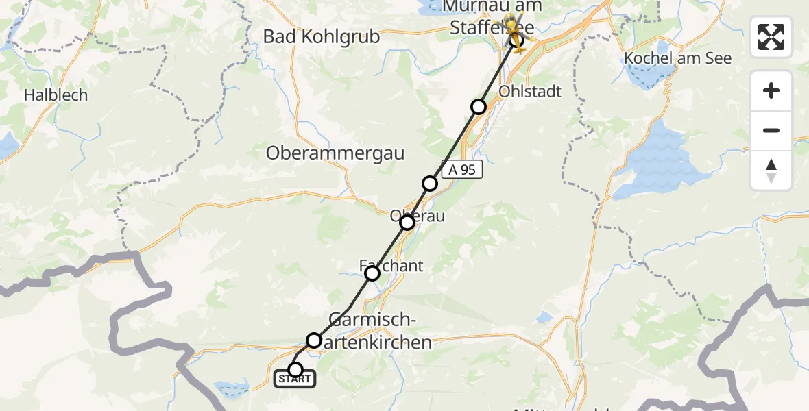 Flugroute Rettungshubschrauber Brandweg Hubschrauberlandeplatz - Murnau a.Staffelsee, 28 August 2026, 14:26