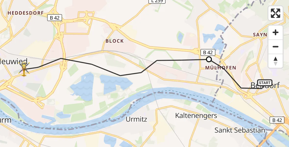Flugroute Rettungshubschrauber Bendorf - Neuwied, 28 August 2026, 14:29