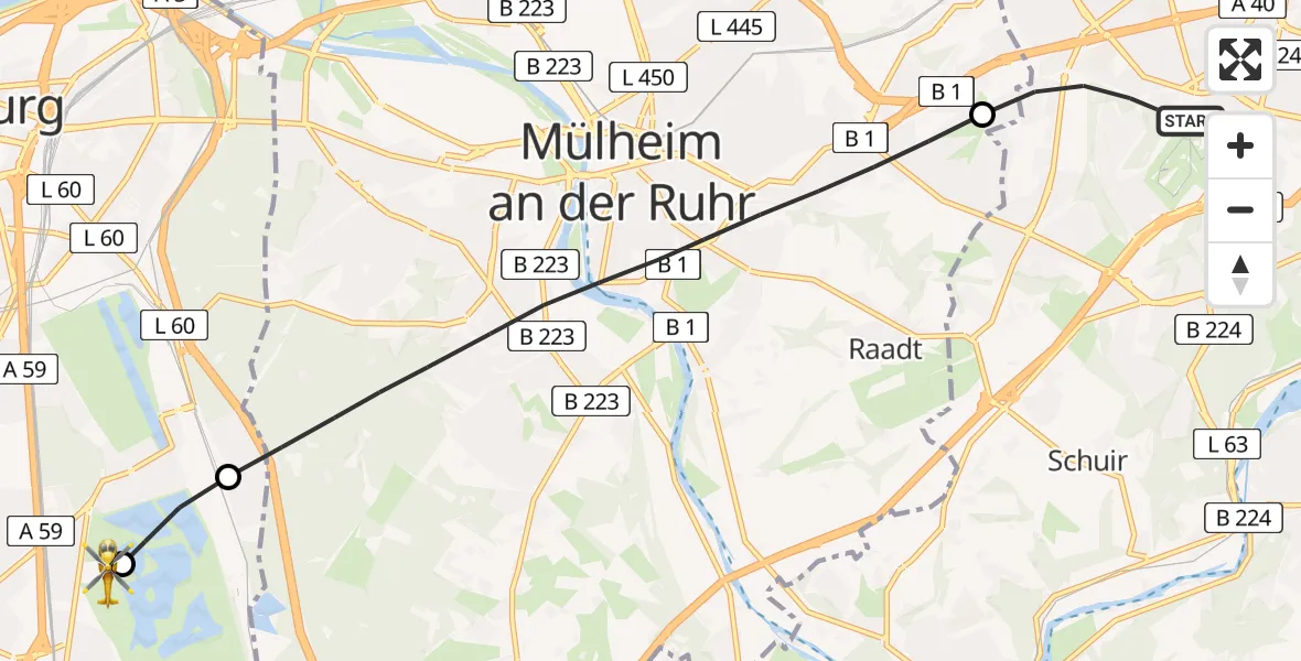 Flugroute Rettungshubschrauber Essen - Duisburg Air Rescue Hubschrauberlandeplatz (Christoph 9), 28 August 2026, 14:30