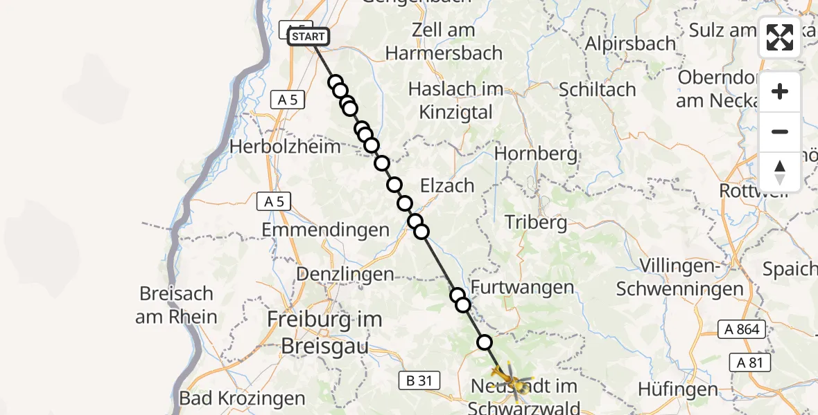 Flugroute Rettungshubschrauber Lahr/Schwarzwald - Titisee-Neustadt, 28 August 2026, 14:33