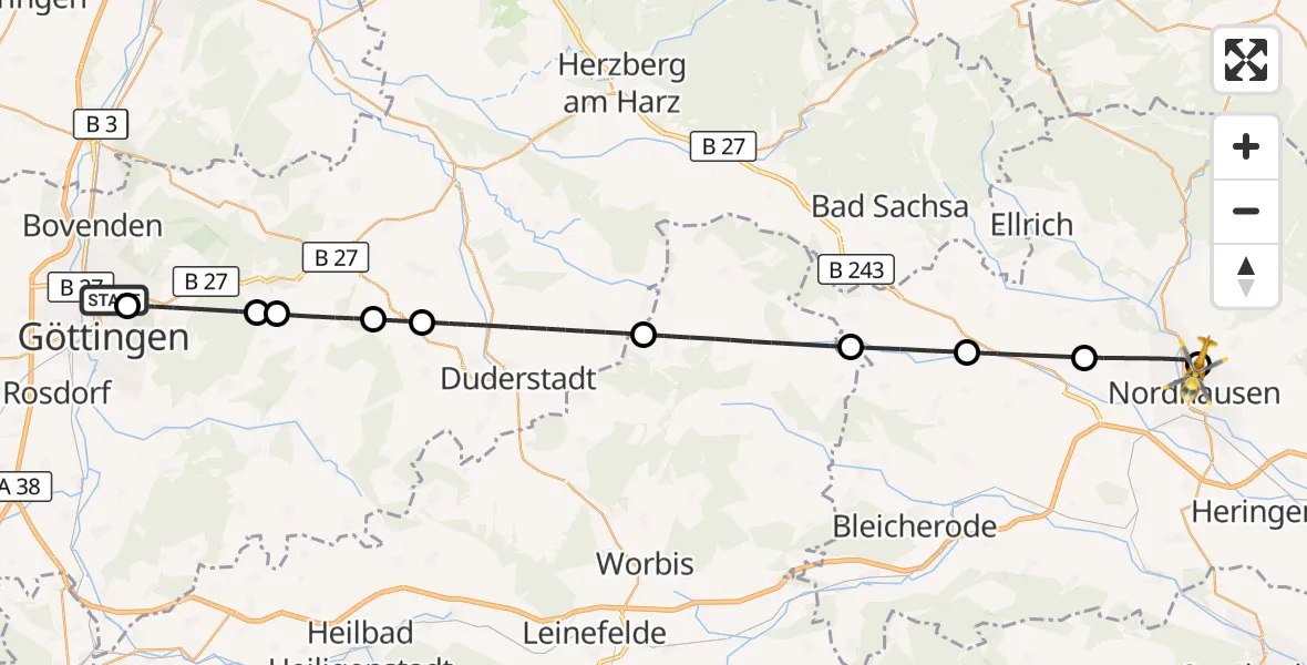Flugroute Rettungshubschrauber Göttingen University Clinic Hubschrauberlandeplatz - Südharz Hospital Nordhausen, 28 August 2026, 14:44