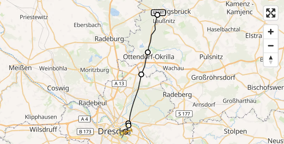 Flugroute Rettungshubschrauber Königsbrück - Dresden, 28 August 2026, 14:45