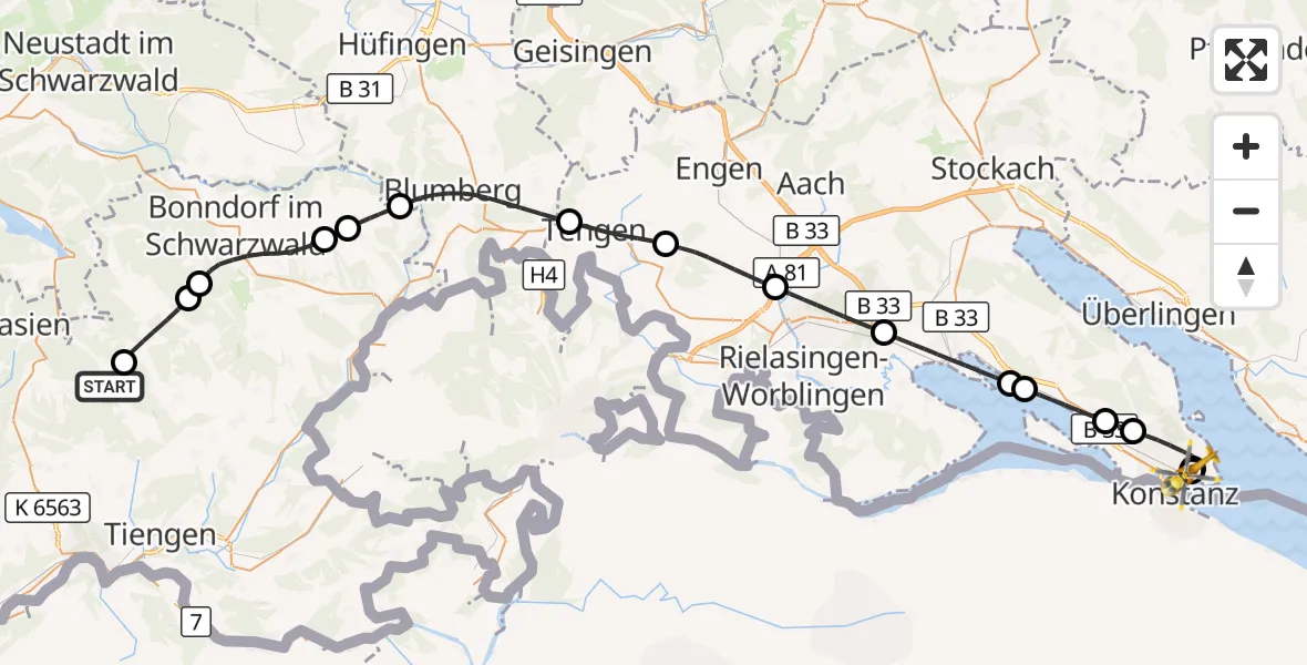 Flugroute Ambulanzhubschrauber Ühlingen-Birkendorf - Konstanz Hospital, 28 August 2026, 14:45